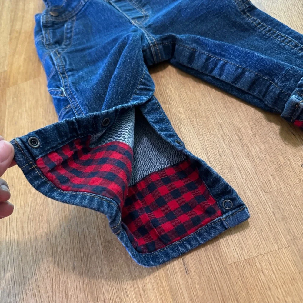 OshKosh B'Gosh 18 MONTHS Denim Vestbak Denim Overalls Plaid Cuffs